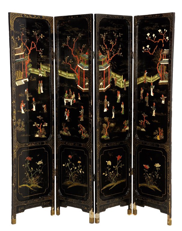 A CHINESE COROMANDEL FOUR-PANEL SCREEN: A CHINESE COROMANDEL FOUR-PANEL SCREEN Having polychromed bone inlay and gilt painting throughout, each panel depicting figural scenes at upper center between gilt borders above a lower medallion depi