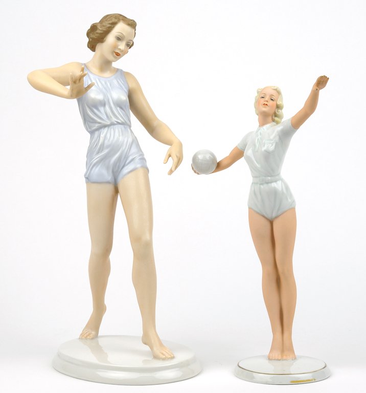 A ROSENTHAL PORCELAIN FIGURE OF A LADY IN A SWIMSUIT 2: A ROSENTHAL PORCELAIN FIGURE OF A LADY IN A SWIMSUIT The base marked Rosenthal, with impressed numerals 1641, together with a Schaubach-Kunst porcelain figure of a lady playing volleyball, marked to b