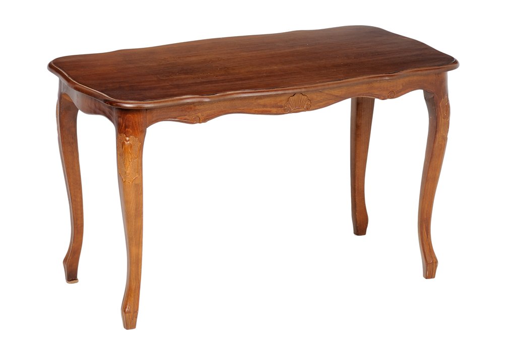 A FRENCH PROVINCIAL STYLE LOW TABLE: A FRENCH PROVINCIAL STYLE LOW TABLE The console table having a shaped rectangular top over the serpentine apron, carved with shell decoration, raised on slight cabriole legs ending in shaped feet. H 1