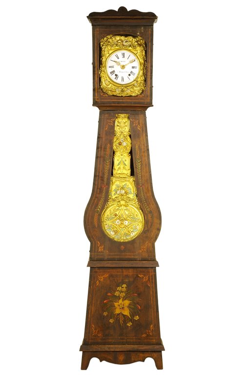 A FRENCH PROVINCIAL MORBIER STYLE TALL CASE CLOCK