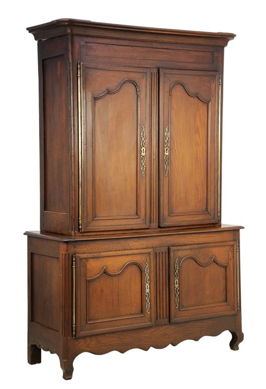 A FRENCH PROVINCIAL STYLE BREAKFRONT CABINET: A FRENCH PROVINCIAL STYLE BREAKFRONT CABINET The cabinet having a flared cornice over two upper paneled doors and two lower paneled doors, above the serpentine apron, raised on short cabriole legs. H 