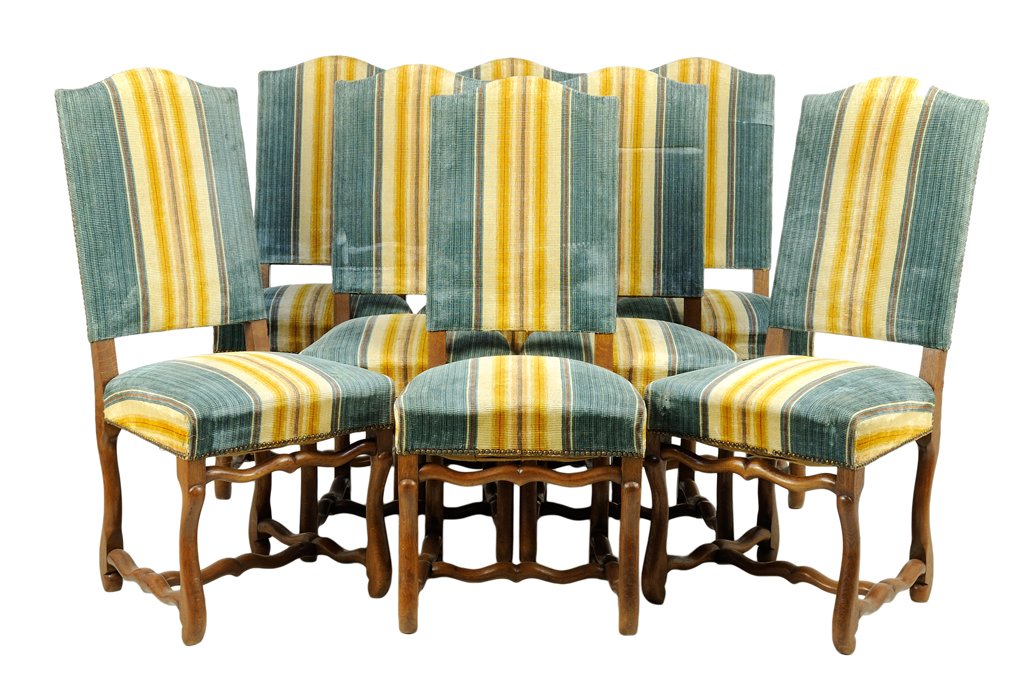 A SET OF EIGHT FRENCH LOUIS XIV STYLE DINING CHAIRS: A SET OF EIGHT FRENCH LOUIS XIV STYLE DINING CHAIRS Each chair having a domed top over the upholstered back and stuff over seat, raised on shaped legs, joined by stretchers. H 42 x W 19 x D 23 inche