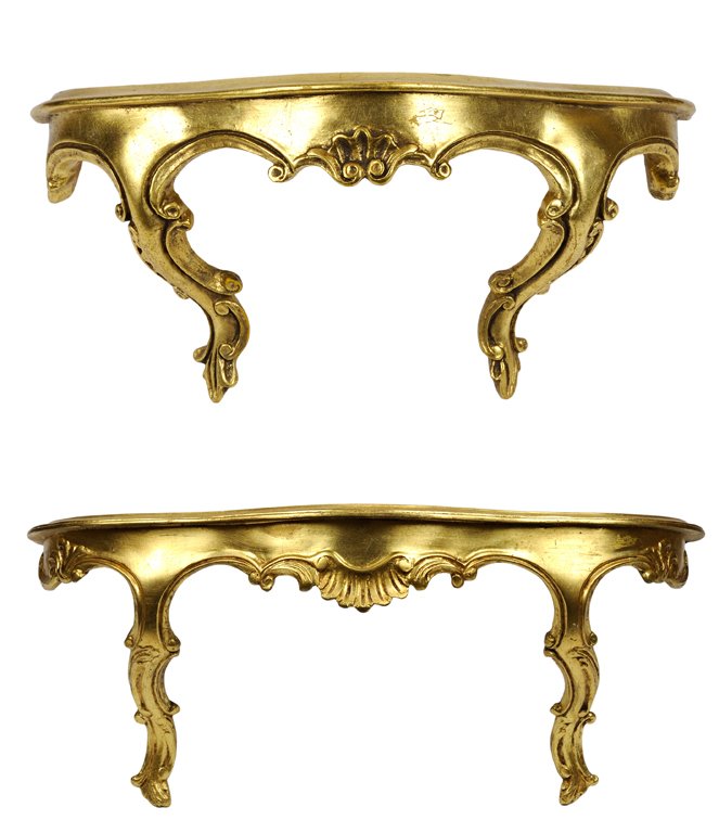 TWO FRENCH LOUIS XV STYLE GILTWOOD BRACKETS: TWO FRENCH LOUIS XV STYLE GILTWOOD BRACKETS Each bracket having a demilune top over the serpentine apron with a carved shell, raised on scrolling supports. H 9¾ x W 23¼ x D 8¼ inches H 7½ x W 15¾