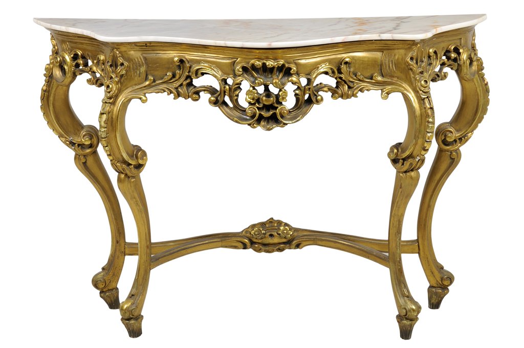 A LOUIS XV STYLE GILTWOOD CONSOLE TABLE: A LOUIS XV STYLE GILTWOOD CONSOLE TABLE The console table having a shaped demilune marble top over the pierce carved shell and foliate frieze, raised on cabriole legs, joined by X-form stretchers, end