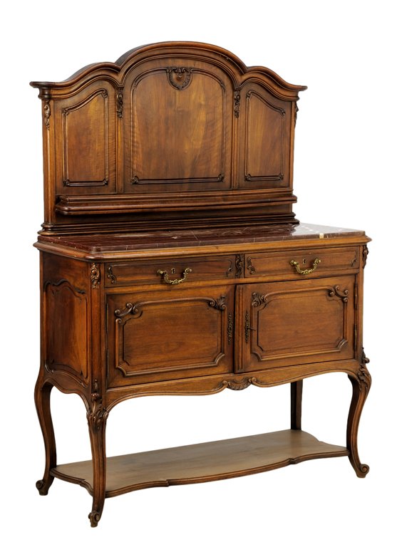 A FRENCH LOUIS XV STYLE SIDEBOARD: A FRENCH LOUIS XV STYLE SIDEBOARD The sideboard having a domed pediment over the segmented back panel, above the rectangular marble inset top and conforming case, fitted with two drawers over two pane