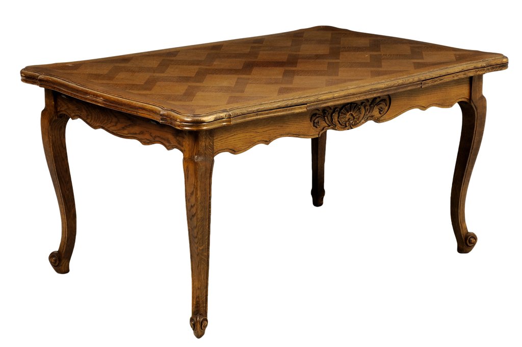 A FRENCH LOUIS XV STYLE EXTENSION DINING TABLE: A FRENCH LOUIS XV STYLE EXTENSION DINING TABLE The dining table having a rectangular parquetry inlaid top over two D-shaped leave, above the serpentine apron, with carved shell decoration, raised on c