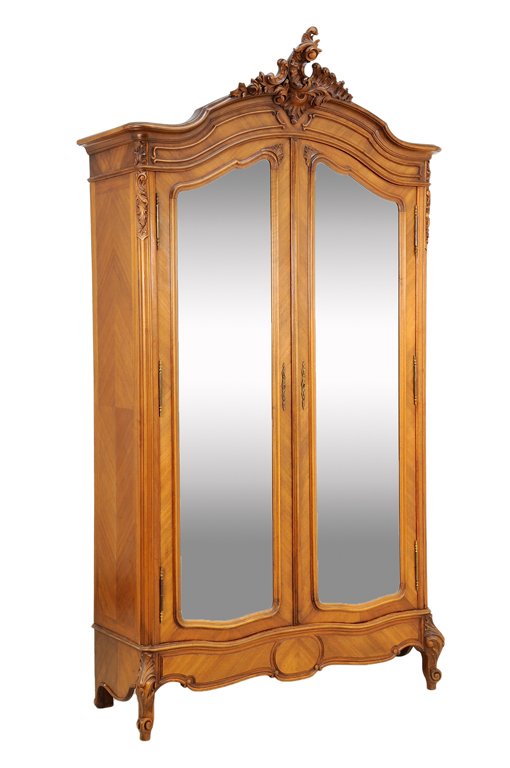 A FRENCH LOUIS XV STYLE ARMOIRE: A FRENCH LOUIS XV STYLE ARMOIRE The armoire having a curved cornice surmounted with an acanthus leaf finial, over two mirror plate inset doors, above the shaped apron, raised on short cabriole fore le