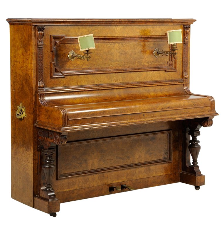 AN ALBERT FAHR ZEITZ BURL WALNUT UPRIGHT PIANO: AN ALBERT FAHR ZEITZ BURL WALNUT UPRIGHT PIANO The upright piano of typical form fitted with two sconces. H 53½ x W 60 x D 27½ inches.