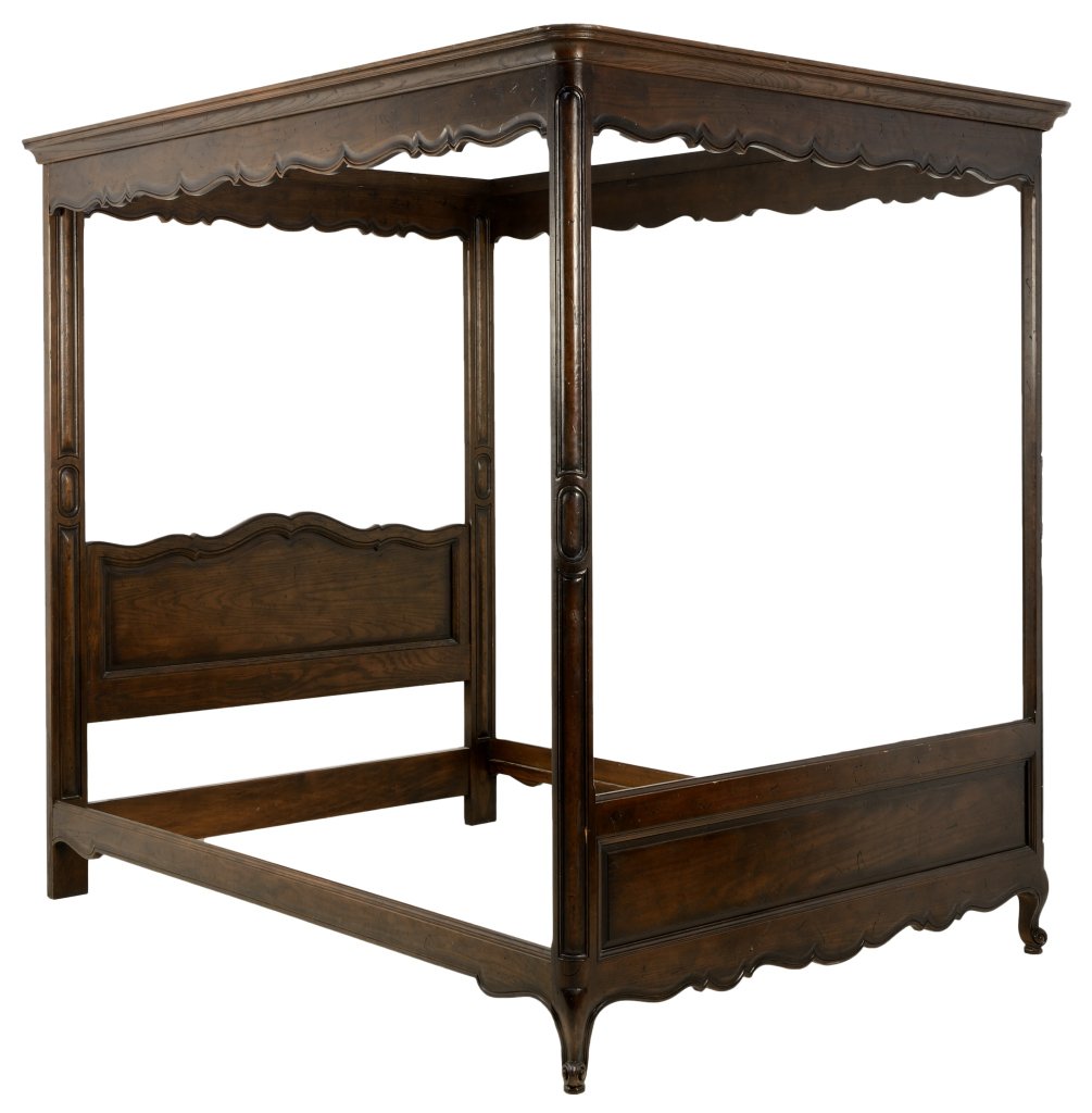 A FRENCH PROVINCIAL STYLE CANOPY BED: A FRENCH PROVINCIAL STYLE CANOPY BED The headboard having a curved top rail, raised on block legs. The footboard with a serpentine apron, raised on short cabriole legs, surmounted with four posts, and
