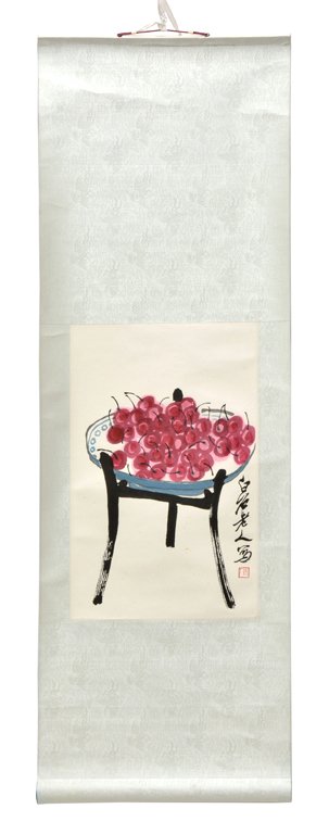 A JAPANESE SCROLL PAINTING: A JAPANESE SCROLL PAINTING Of rectangular form, the color and ink on paper brush painting depicting a bowl of cherries on a stand, having calligraphy and seal mark at lower right, and mounted as a han