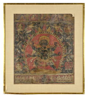 A TIBETAN THANGKA: A TIBETAN THANGKA Of rectangular form, the pigment on cotton thangka centering a multi-armed Mahakala with various attributes, a tiered halo of kapala behind, and surrounded by various beings, above a