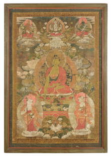 A TIBETAN THANGKA: A TIBETAN THANGKA Of rectangular form, the pigment on cotton thangka depicting the seated Buddha beneath three deities, and flanked at each side by Arhats, mounted within a three-tiered silk border of