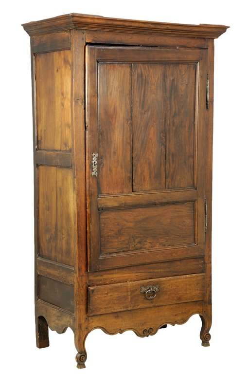 A FRENCH PROVINCIAL OAK ARMOIRE: A FRENCH PROVINCIAL OAK ARMOIRE The armoire having a rectangular flared cornice over the conforming case, fitted with a coffered panel door over a long drawer, above the serpentine apron, raised on sc