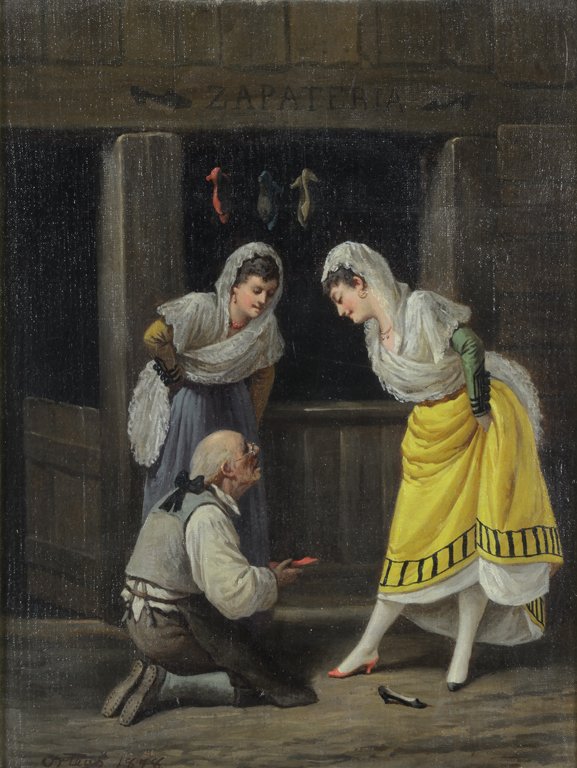 FRANCISCO JAVIER ORTEGO Y VEREDA, (Spanish, 1833-1881),: FRANCISCO JAVIER ORTEGO Y VEREDA (Spanish, 1833-1881) Zapateria, 1874 Oil on canvas Signed and dated lower left H 14 x W 10¼ inches.