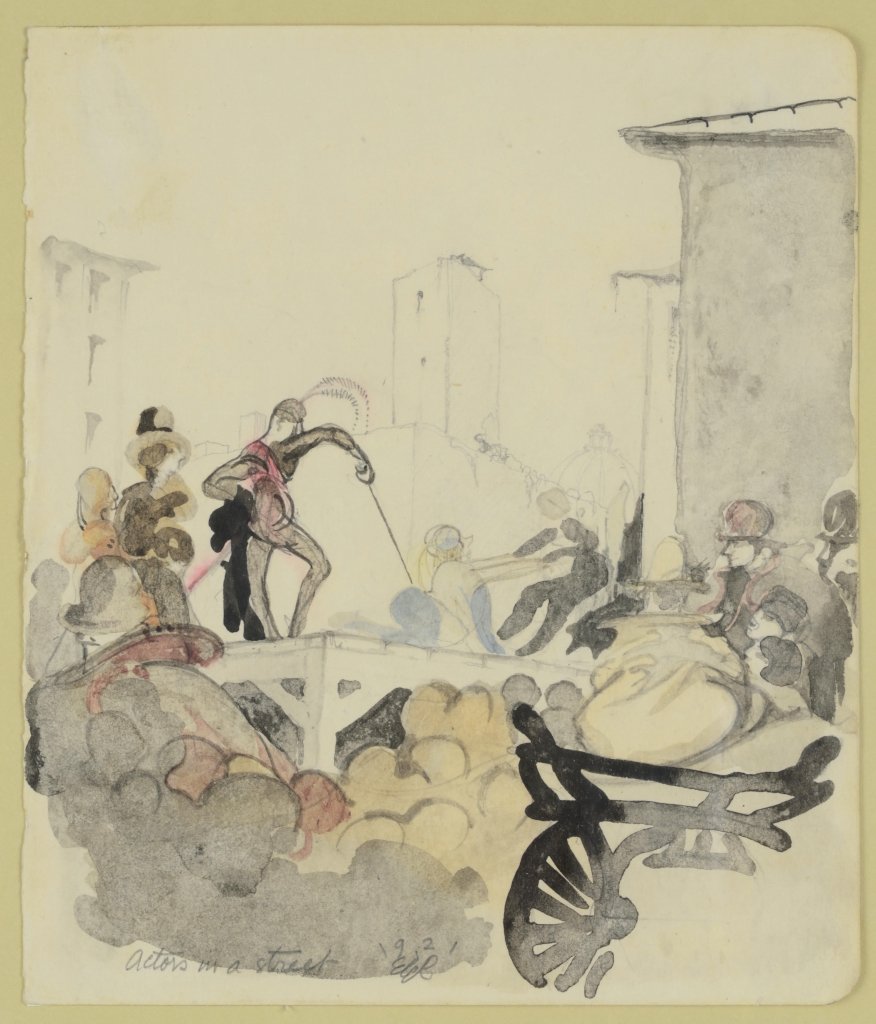 EDWARD GORDON CRAIG, (British, 1872-1966), Actors in a: EDWARD GORDON CRAIG (British, 1872-1966) Actors in a Street, 1921 Watercolor and pencil on paper Signed and dated lower left H 6½ x W 5½ inches. Provenance: Property from the Estate of George Zourna