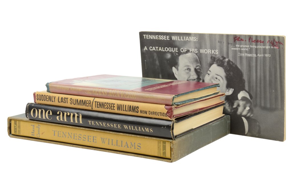 WILLIAMS, TENNESSEE 5 pieces total: WILLIAMS, TENNESSEE American, (1911-1983) A collection of books by Tennessee Williams, comprising One Arm and Other Stories, Trade Edition, New Directions, 1954, The Glass Menagerie, First Edition, Ra