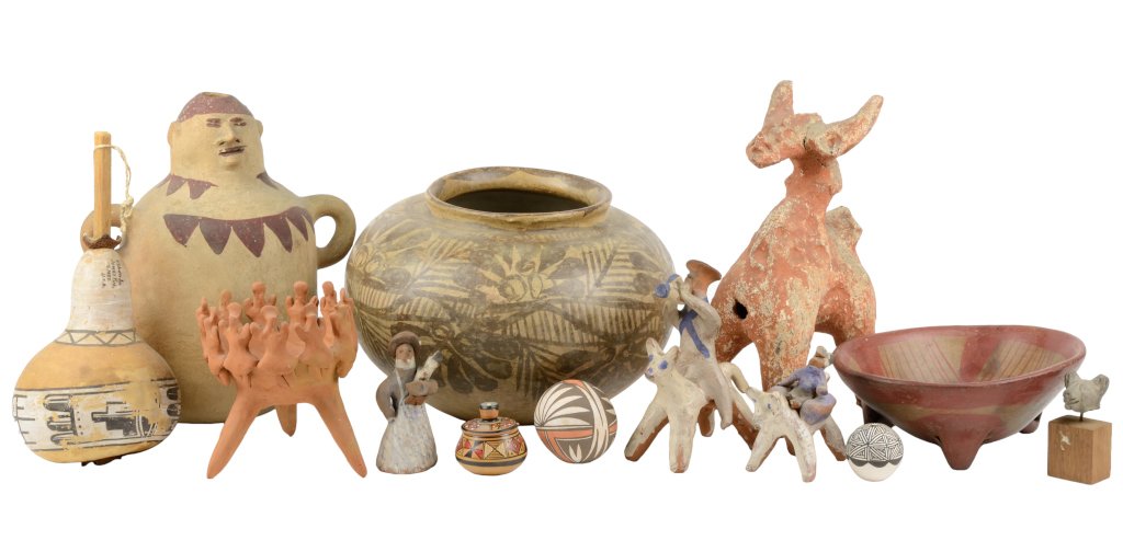A GROUP OF POTTERY ARTICLES 13 items total: A GROUP OF POTTERY ARTICLES Comprising a Mexican Huastecos Indian painted Pottery olla. The bulbous body with low rim and concave base and painted with geometric decoration throughout, together with a