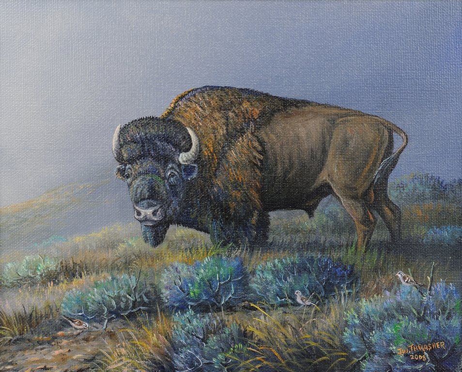 J.W. (Jerry) THRASHER, (American, Texas, born 1940),: J.W. (Jerry) THRASHER (American, Texas, born 1940) Prairie Monarch, 2008 Oil on canvas Signed and dated lower right J.W. Thrasher Art Studio & Gallery stamp to verso H 8 x W 10 inches. Provenance: Pur