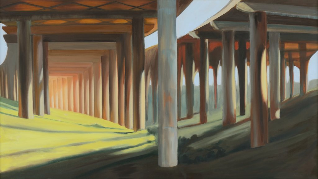 JEANNE NORSWORTHY, (Texan, 1935-1998), Temples and the: JEANNE NORSWORTHY (Texan, 1935-1998) Temples and the Parkway, 1989 Oil on canvas From the Freeway series, with accompanying book entitled Healing Landscapes within which the artwork is featured. H 23 