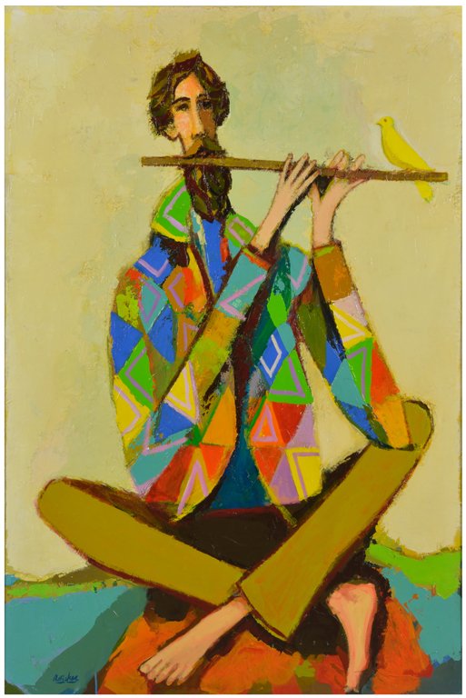 DAVID ADICKES, (American, born 1927), Flautist with: DAVID ADICKES (American, born 1927) Flautist with Yellow Bird, 1970 Oil on board Signed lower left With certificate of authenticity H 53 x W 35 inches. Provenance: Property from a Private Collection A