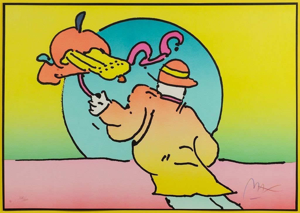 PETER MAX, (American, born 1937), Umbrella Man II,: PETER MAX (American, born 1937) Umbrella Man II Serigraph, 165/200 Signed lower right, numbered lower left H 21 x W 30 inches.