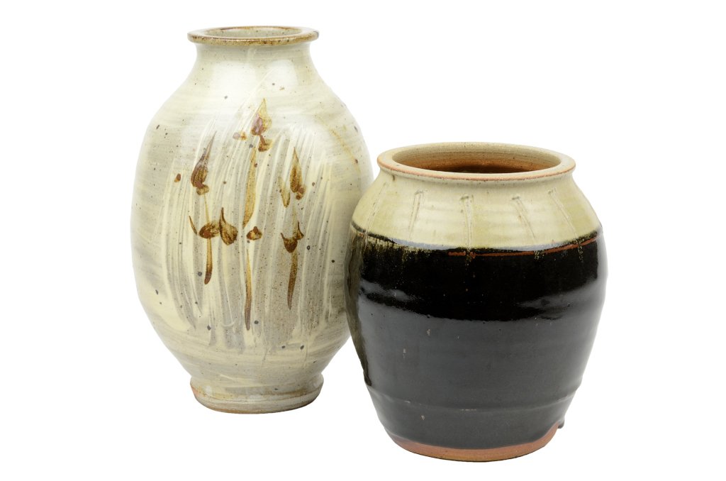 JIM MALONE, (British, born 1946), Vase Jar, Hand-thrown: JIM MALONE (British, born 1946) Vase Jar Hand-thrown pottery, hakeme slip, brushed iron decoration, tenmoku and ash glazes (two works) Each with impressed potter's mark JM to base at one side. Height