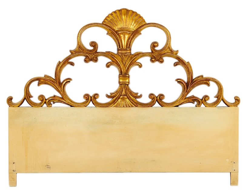 A FRENCH ROCOCO STYLE GILTWOOD HEADBOARD: A FRENCH ROCOCO STYLE GILTWOOD HEADBOARD The headboard having a shell form crest, over the open work scrolling back panel. H 60 x W 74½ inches.