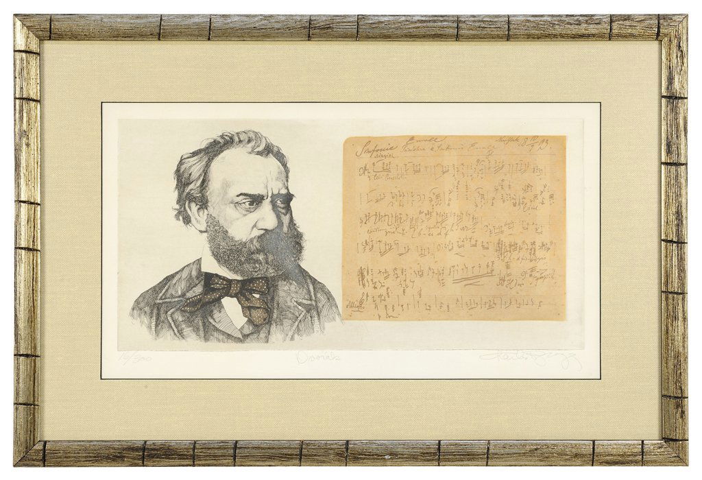 CHARLES BRAGG, (American, born 1931), Dvorak, Mixed: CHARLES BRAGG (American, born 1931) Dvorak Mixed media, 16/300 Etching and collage of Dvorak's New World Symphony partiture Signed lower right H 8¾ x W 18 inches.