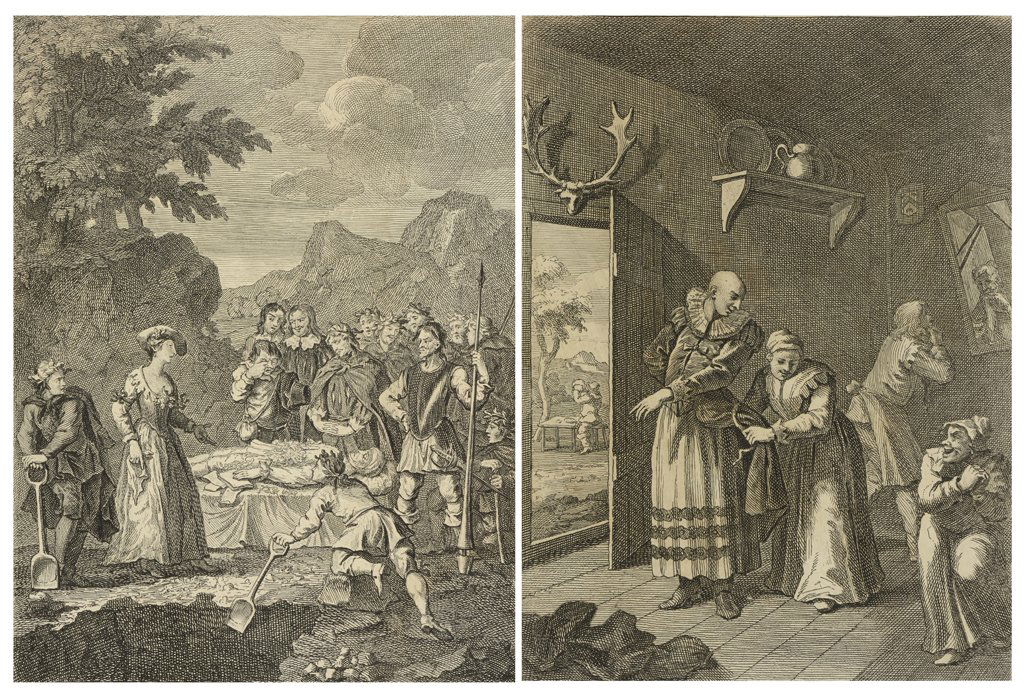 WILLIAM HOGARTH, (British, 1697-1764), The Curate &: WILLIAM HOGARTH (British, 1697-1764) The Curate & Barber Disguising Themselves To Convey D. Quixote Home Vol I, p 71, Book 3rd, Ch.13 The Funeral of Chrystom & Marcella Vindicating Herself Vol I, p 16