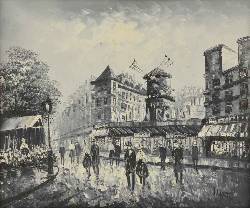 CAROLINE BURNETT, (American, 20th century), Moulin: CAROLINE BURNETT (American, 20th century) Moulin Rouge Oil on canvas Signed lower right H 20 x W 24 inches.