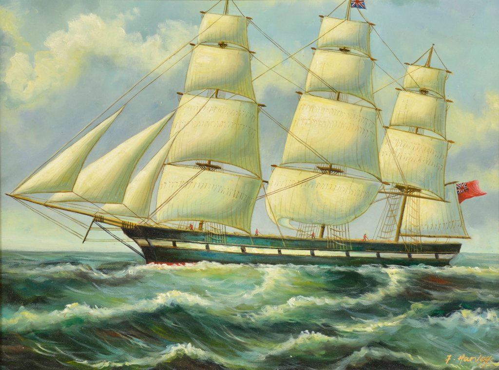 F. HARVEY, (20th century), Clipper Ship, Oil on canvas,: F. HARVEY (20th century) Clipper Ship Oil on canvas Signed lower right H 12 x W 16 inches.