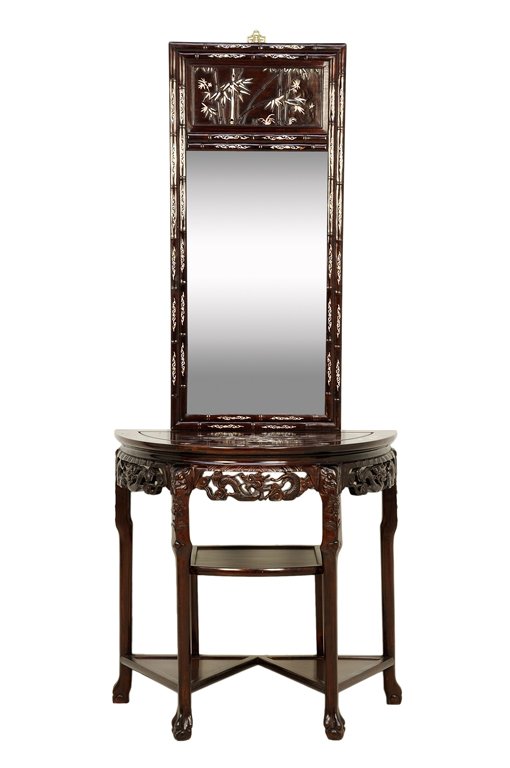 A CHINESE STYLE ROSEWOOD AND MOTHER-OF-PEARL CONSOLE: A CHINESE STYLE ROSEWOOD AND MOTHER-OF-PEARL CONSOLE TABLE WITH MIRROR The rectangular mirror plate beneath a central inlaid medallion depicting bamboo and shoots, the whole set within dual bamboo for