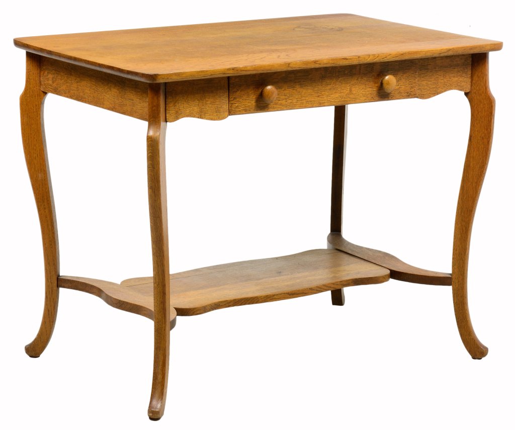 AN AMERICAN OAK WRITING TABLE: AN AMERICAN OAK WRITING TABLE The writing table having a rectangular top over a single drawer, raised on slight cabriole legs, joined by a medial shelf. H 28¾ x W 36 x D 24 inches.