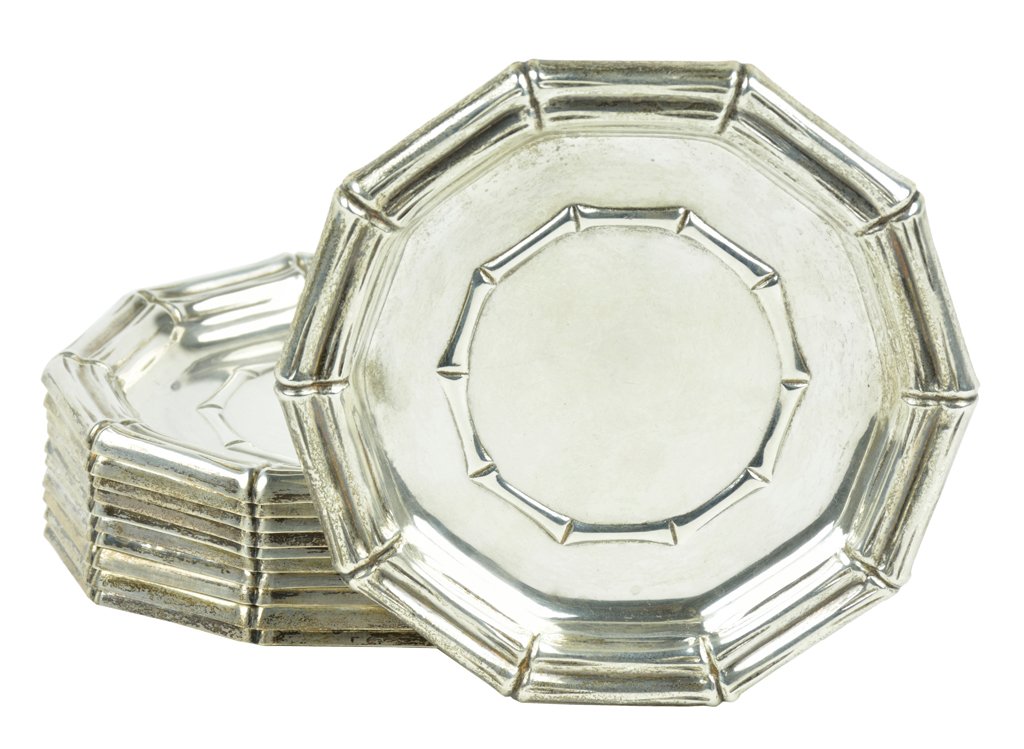 A SET OF ELEVEN TIFFANY & CO. STERLING SILVER COASTERS: A SET OF ELEVEN TIFFANY & CO. STERLING SILVER COASTERS Each coaster of decagonal form, with double bamboo form borders. Marked Tiffany & Co. Makers Sterling. Approximate total weight 27 ozt 19 dwt. Wi
