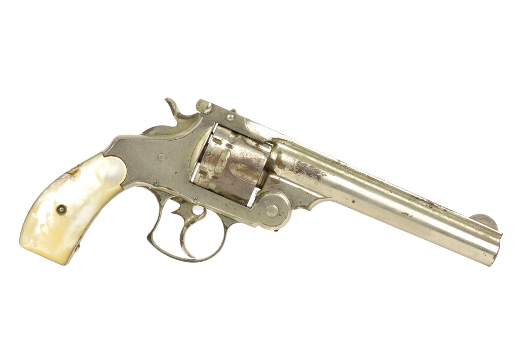 A SMITH & WESSON .44 CALIBER FRONTIER MODEL REVOLVER: A SMITH & WESSON .44 CALIBER FRONTIER MODEL REVOLVER Circa 1885-1890 A Smith & Wesson frontier model revolver, top break, double action, .44 caliber, with mother-of-pearl grips. DUE TO THE INHERENTLY