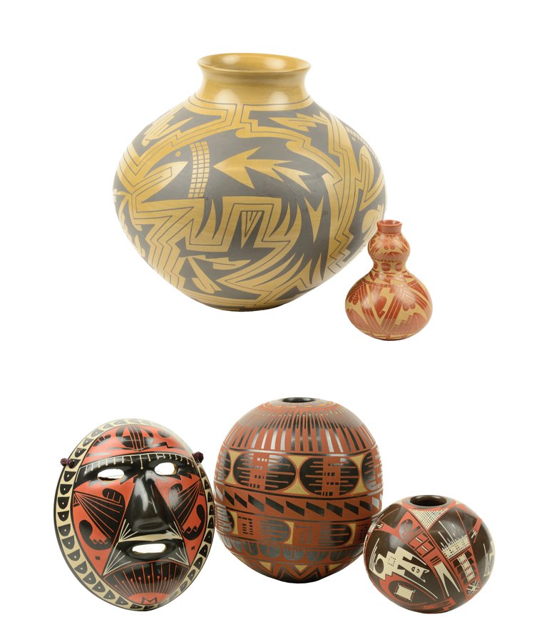 FIVE MATA ORTIZ POTTERY VESSELS: FIVE MATA ORTIZ POTTERY VESSELS Comprising three polychromed blackware pottery articles, a black-on-buff vessel, and a carved redware gourd-form vase, including examples by Arminda Silveira, Fito Tena