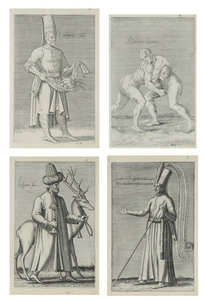 AFTER LEON DAVENT, (French, active 1540-1556),: AFTER LEON DAVENT (French, active 1540-1556) Religieux Turc Pleuianders Luytant, after Nicolas de Nicolay Etchings (four works) Height of each 11 x W 7 inches. Provenance: Property from the Estate of 