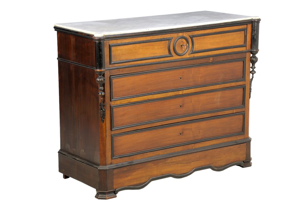 A FRENCH NAPOLEON III STYLE BUTLER'S SECRETARY: A FRENCH NAPOLEON III STYLE BUTLER'S SECRETARY The rectangular marble top with rounded corners over the conforming case, with ebonized banding, fitted with a drop front compartment over three long dra