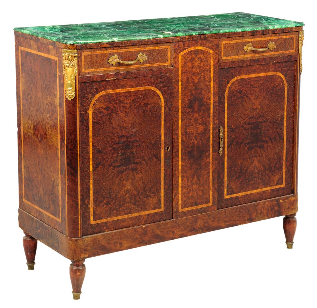 A CONTINENTAL BURLWOOD AND PARQUETRY SIDEBOARD: A CONTINENTAL BURLWOOD AND PARQUETRY SIDEBOARD The sideboard having a rectangular faux marble top over the conforming case fitted with two short drawers over two paneled doors, with parquetry inlaid b