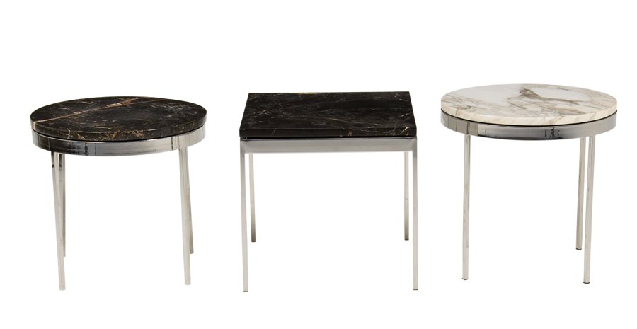 THREE FLORENCE KNOLL STYLE MARBLE AND CHROMED TABLES: THREE FLORENCE KNOLL STYLE MARBLE AND CHROMED TABLES Comprising two tables with circular tops, and one with a rectangular top, each raised on chromed legs. Unmarked. H 18 x W 18 x D 8 inches.