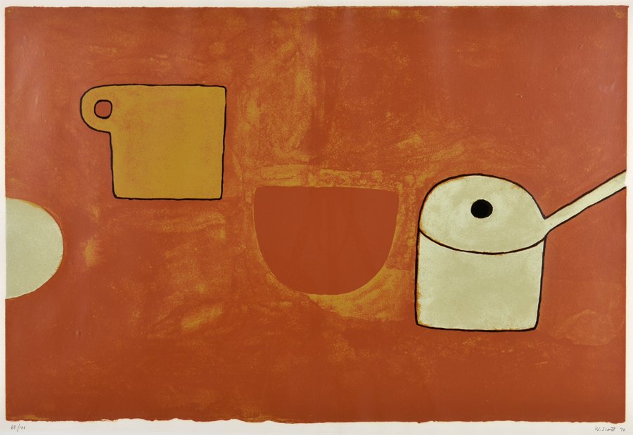 WILLIAM SCOTT, (United Kingdom, 1913-1989), Cup, Bowl,: WILLIAM SCOTT (United Kingdom, 1913-1989) Cup, Bowl, Pan, Browns and Ochres, 1970 Silkscreen, ed. 68/100 Signed and dated lower right H 24 x W 35½ inches.