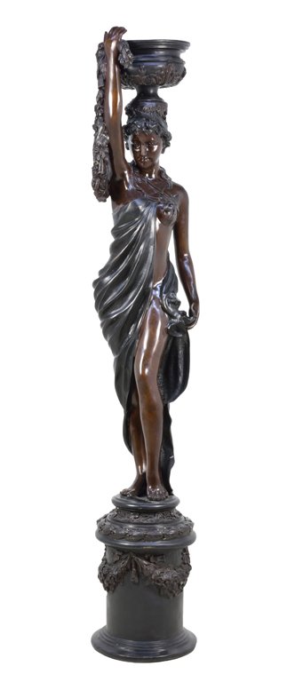 A CONTINENTAL STYLE BRONZED FIGURAL FOUNTAIN: A CONTINENTAL STYLE BRONZED FIGURAL FOUNTAIN In the Neoclassical taste, modeled as a standing maiden, partially draped in a flowing robe, one hand supporting a vessel balanced atop the head and clutch
