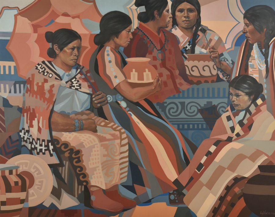 JON LIGHTFOOT, (American, born 1939), Market Day at: JON LIGHTFOOT (American, born 1939) Market Day at Valle Escondido, 1978 Acrylic on canvas Signed and dated lower right H 48 x W 60 inches.