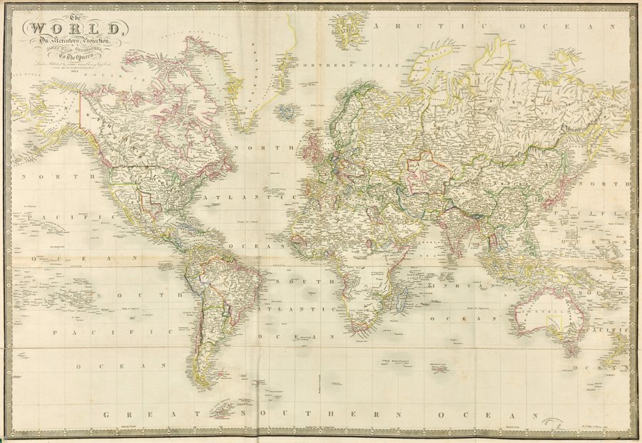 JAMES WYLD, (English, 1812-1887), The World on: JAMES WYLD (English, 1812-1887) The World on Mercators Projection, 1832 Hand colored engraved map Cased map of the world in the first half of the 19th century, most of the broad geographical outlines 
