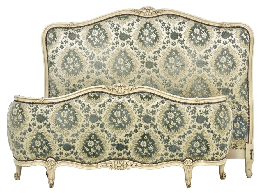 A FRENCH LOUIS XV STYLE PAINTED AND UPHOLSTERED BED: A FRENCH LOUIS XV STYLE PAINTED AND UPHOLSTERED BED The bed having a curved top rail over the upholstered back panel with nailhead border, over the serpentine apron, raised on scrolled toes. Comprisin