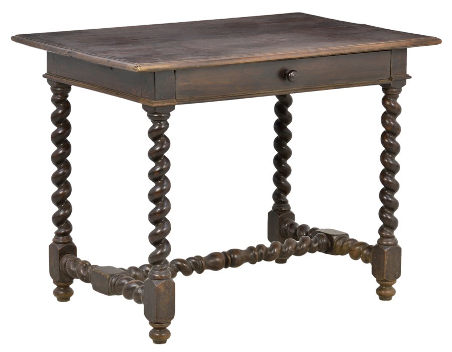 A FRENCH LOUIS XIII STYLE WRITING TABLE: A FRENCH LOUIS XIII STYLE WRITING TABLE The rectangular top over the plain frieze, fitted with a single long drawer, raised on barley twist legs joined by an H-form stretcher, ending in shaped feet. H