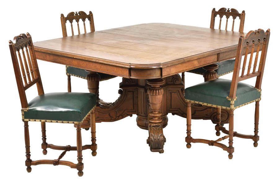 AN ASSEMBLED RENAISSANCE REVIVAL DINING SET: AN ASSEMBLED RENAISSANCE REVIVAL DINING SET The dining set comprising a table and four chairs. Having a rectangular top with rounded corners over a conforming frieze, raised on a quadripartite base, e