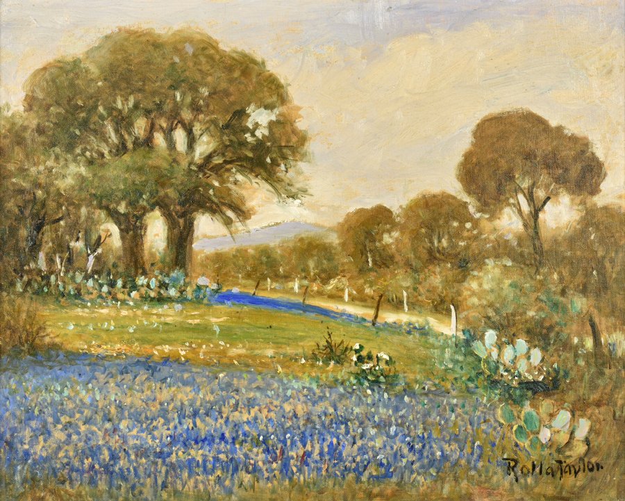 ROLLA SIMS TAYLOR, (American, 1872-1970), Bluebonnets,: ROLLA SIMS TAYLOR (American, 1872-1970) Bluebonnets Oil on canvas board Signed lower right H 15½ x W 19½ inches. Provenance: Property from a Private Collection