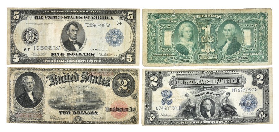 FOUR UNITED STATES LARGE SIZE CURRENCY NOTES: FOUR UNITED STATES LARGE SIZE CURRENCY NOTES Comprising one 1896 $1 Silver Certificate, one 1899 $2 Silver Certificate, one 1914 $5 "Blue Seal" Federal Reserve Note, and one 1917 $2 "Red Seal" United 