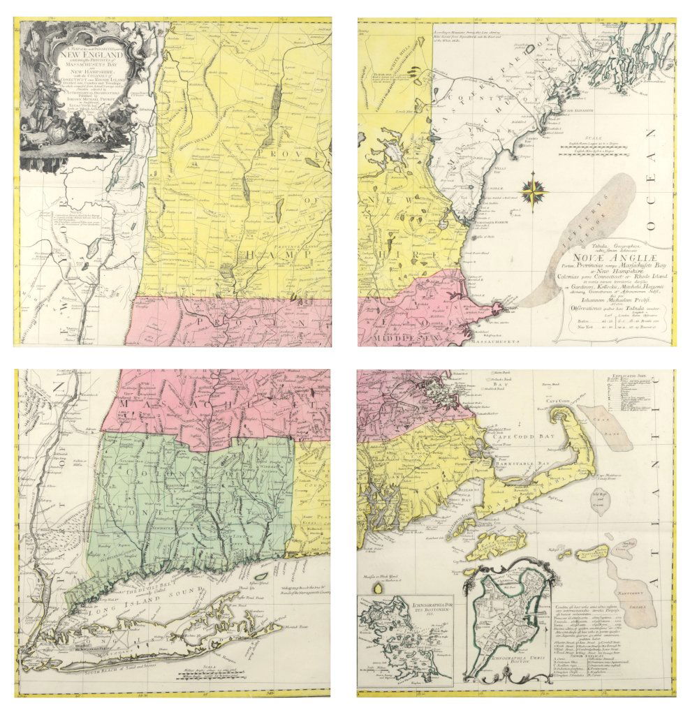 JOHANN MICHAEL PROBST, (German/American, 1757-1809), A: JOHANN MICHAEL PROBST (German/American, 1757-1809) A Map of the Most Inhabited Parts of New England Four assembled hand colored engraved maps Containing the Provinces of Mass. Bay & New Hampshire. The